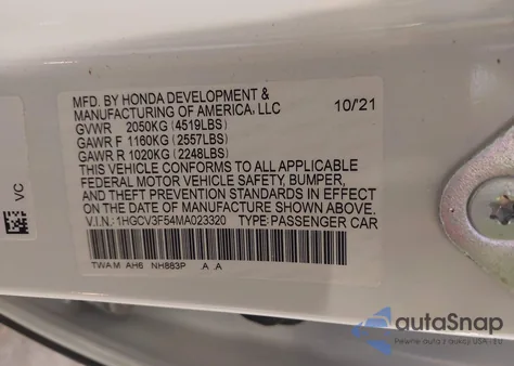 2021 Honda Accord Hybrid Ex-L z USA, uszkodzony, nr VIN 1HGCV3F54MA023320